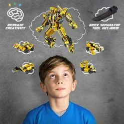 PANLOS 12 in 1 Construction Vehicles Truck Robot Toy Model Educational Carton Kids Building Blocks Brick Set for Ages Above 6, Yellow
