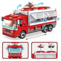 PANLOS 6 in 1 Vehicles Fire Truck Robot Toy Model Educational Construction Carton Kids Building Blocks Brick Set for Ages Above 6, Red