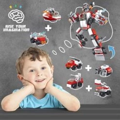 PANLOS 6 in 1 Vehicles Fire Truck Robot Toy Model Educational Construction Carton Kids Building Blocks Brick Set for Ages Above 6, Red -Vehicles & Remote Control Sales unnamed file 228