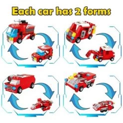 PANLOS 19 in 1 Vehicles Fire Truck Robot Toy Model Educational Construction Carton Kids Building Blocks Brick Set for Ages Above 6, Red