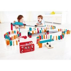 Hape E1057 Robot Factory Kids 122 Piece Wooden Domino Track Game Set Learning STEM Toy with Double Sided Ramps, Balls, and Effects