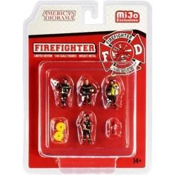 "Firefighter" 7 piece Diecast Set (4 Figurines and 3 Accessories) for 1/64 Scale Models by American Diorama
