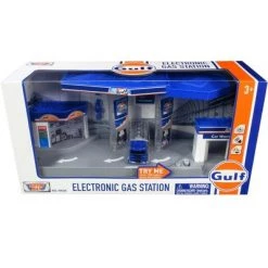 "Gulf" Electronic Gas Station Diorama with Light and Sound and Tanker Truck 1/64 Model by Motormax