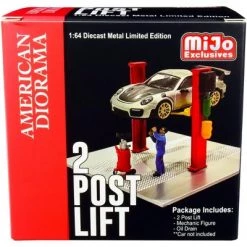 Two Post Lift (Red) with Mechanic Figurine and Oil Drainer Diorama Set for 1/64 Scale Models by American Diorama