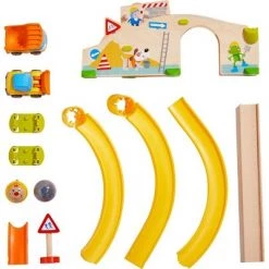 HABA Kullerbu at The Construction Site Play Track - 13 Piece Starter Set with 2 Vehicles and Ball Drop - Ages 2 and Up