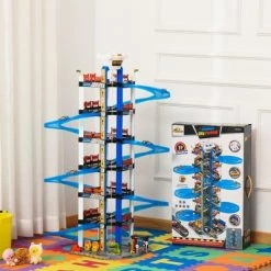 Qaba 7-Level Car Parking Garage Toy Dual Race Tracks Car Ramp Set Toddler Car Games 102 PCS w/ Electric Elevator Wash, Gas, Ejector & Car Repair Station Metal Cars for 3-6 Years Old