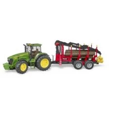 Bruder John Deere 7930 Forestry and Farm Tractor with Logging Trailer, Articulated Crane Arm and 4 Tree Trunks