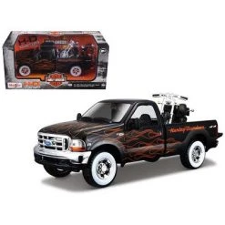 1999 Ford F-350 Super Duty Pickup 1/27 Black with Flames & 2002 FLSTB Night Train Harley Davidson 1/24 Diecast Models by Maisto
